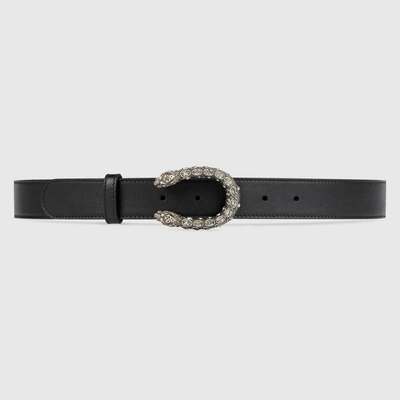 Shop Gucci Leather Belt With Crystal Dionysus Buckle In Black Leather