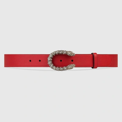 Gucci Leather Belt With Crystal Dionysus Buckle In Red