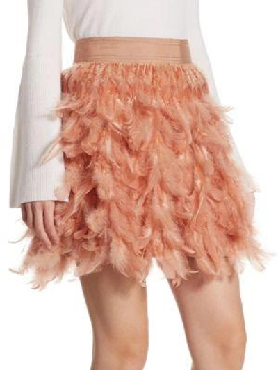 Shop Alice And Olivia Cina Feather Party Skirt In Rose Tan