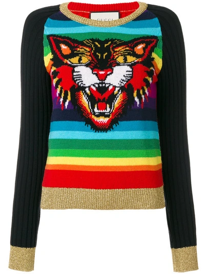 Gucci Angry Cat Jacquard Striped Knit Top, Rainbow In Multicolor