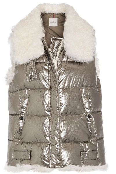 Shop Moncler Kerria Shearling-trimmed Metallic Quilted Cotton Down Vest