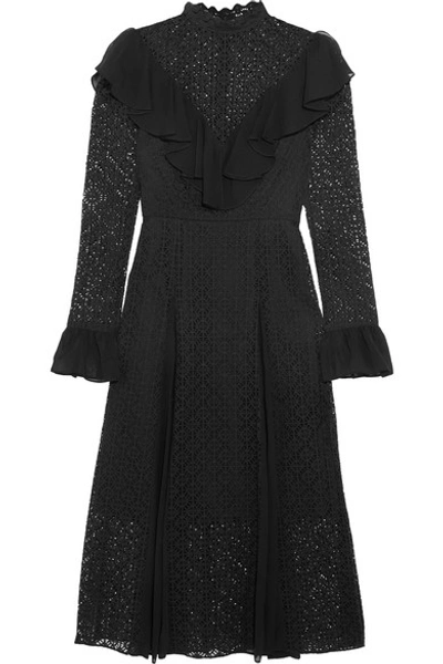 Shop Temperley London Prairie Ruffled Chiffon-trimmed Guipure Lace Midi Dress In Black