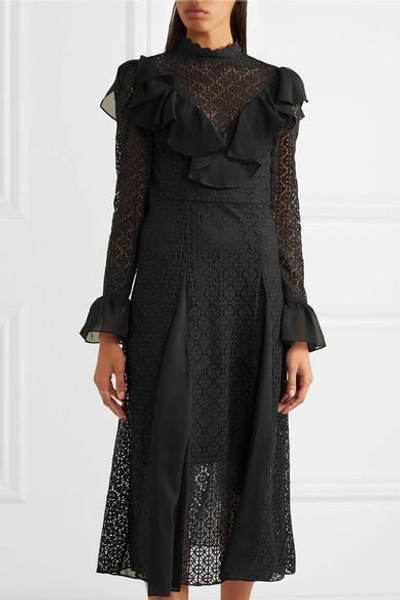 Shop Temperley London Prairie Ruffled Chiffon-trimmed Guipure Lace Midi Dress In Black