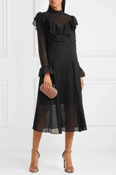 Shop Temperley London Prairie Ruffled Chiffon-trimmed Guipure Lace Midi Dress In Black