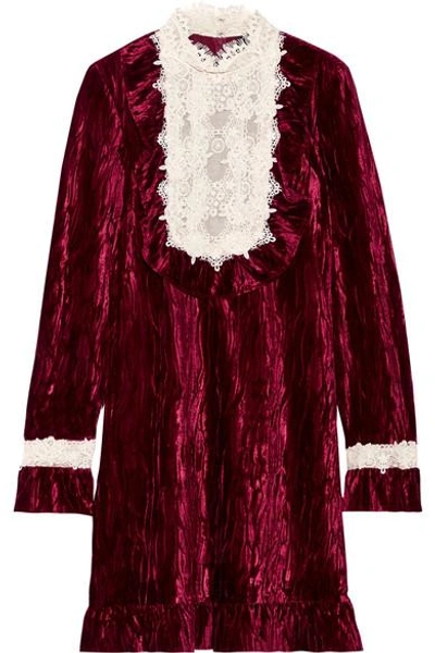 Shop Anna Sui To The One I Love Lace-trimmed Crushed-velvet Mini Dress In Burgundy