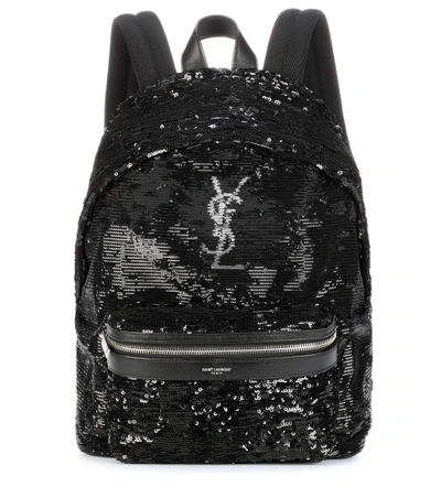 Saint Laurent Mini City Paillette-embroidered Backpack, Black In Eero