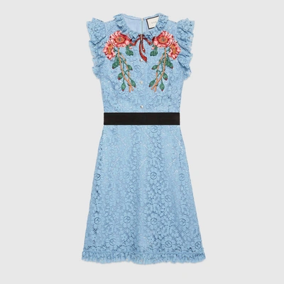 Gucci Embroidered Cluny Lace Dress, Light Blue