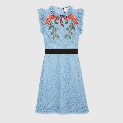 Gucci Embroidered Cluny Lace Dress, Light Blue | ModeSens