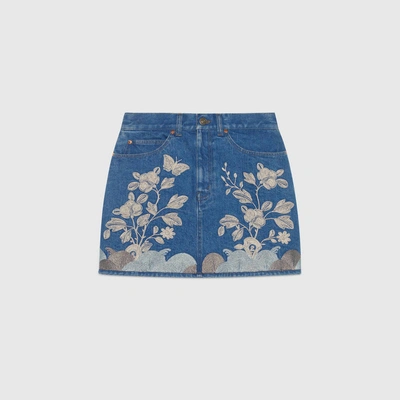 Shop Gucci Embroidered Denim Mini Skirt