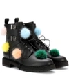 Fendi 30mm Mink Pompoms & Leather Biker Boots In Black