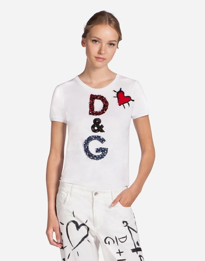 Dolce & Gabbana Crochet Heart Logo Embellished T-shirt In White
