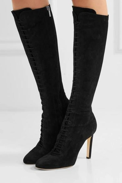 Shop Jimmy Choo Desiree 100 Lace-up Suede Knee Boots In Black