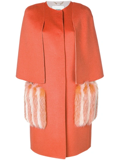 Fendi Felted Wool Cape Coat W/ Fox Fur Pockets In Arancio