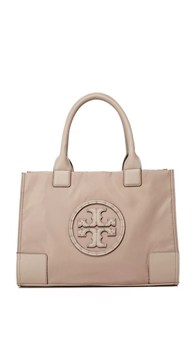 Tory Burch Ella铆钉及十字纹皮革装饰尼龙托特包 In French Gray