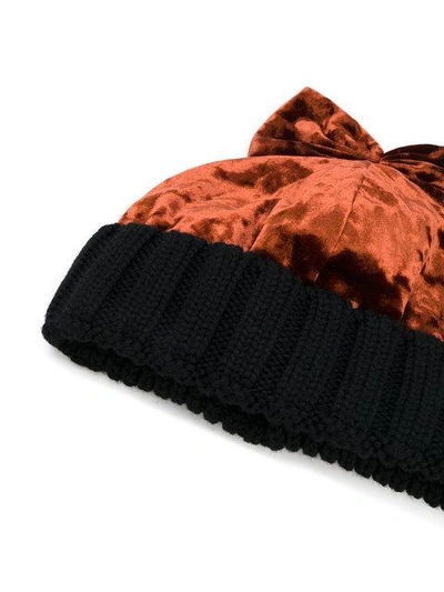 Shop Federica Moretti Bow-embellished Beanie Hat In Brown