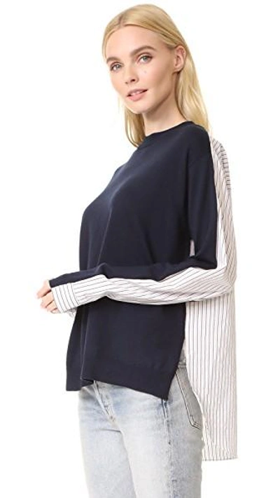 Shop Tibi Striped Shirting Combo Pullover In Navy Multi