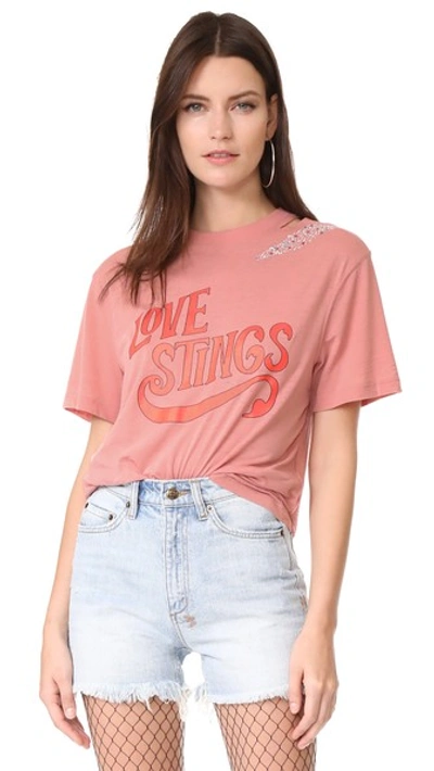 Opening Ceremony Love Stings Slashed Crewneck Tee In Ash Rose