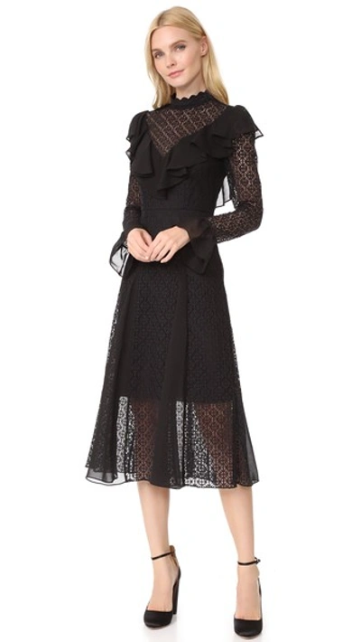 Temperley London Prairie Ruffled Chiffon-trimmed Guipure Lace Midi Dress In Black