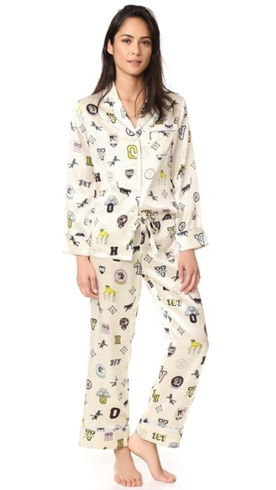 Olivia Von Halle Lila Crystal Silk-satin Pyjama Set In Cream Print