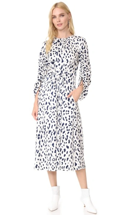 Shop Tibi Sculpted Sleeve Dress In Ivory/navy Multi
