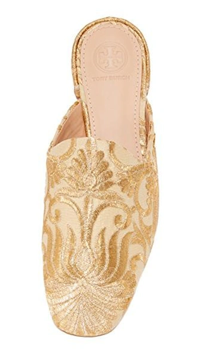 Tory Burch Carlotta Metallic Embroidered Flat Mule In Beige/gold | ModeSens