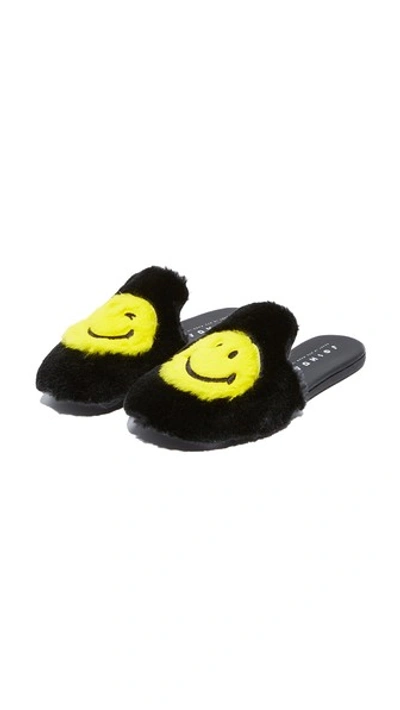 Joshua Sanders Smiley® Embroidered Rabbit Fur Slippers In Black