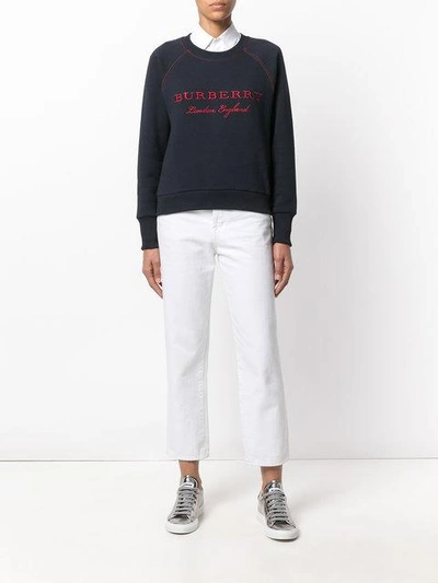 Shop Burberry Embroidered Cotton Blend Jersey Sweatshirt In Blue