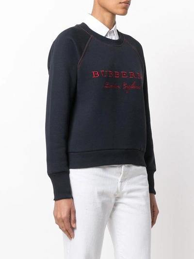 Shop Burberry Embroidered Cotton Blend Jersey Sweatshirt In Blue