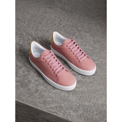 Burberry Metallic-trimmed Perforated Leather Sneakers In Rose Pink