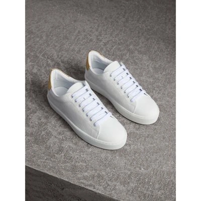 Burberry Perforated Check Leather Trainers In Optic White