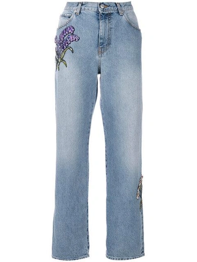 花卉刺绣直筒牛仔裤