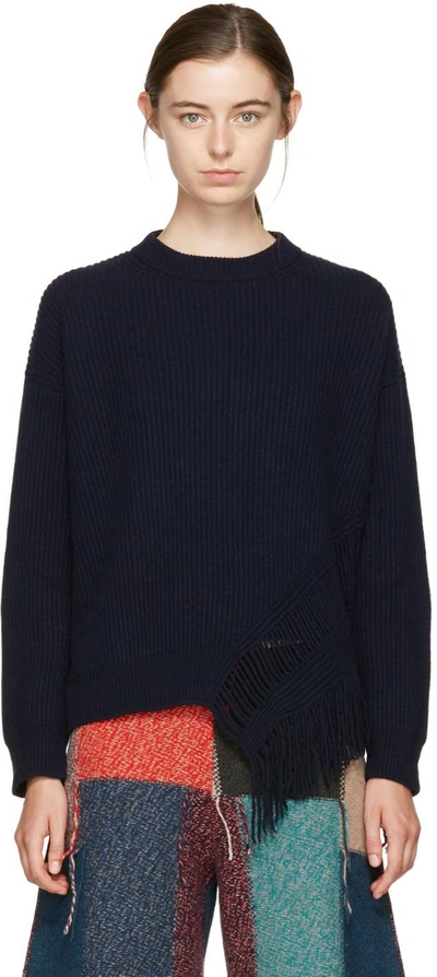 Shop Stella Mccartney Navy Fringed Crewneck Sweater In 4101 Ink