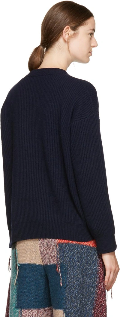 Shop Stella Mccartney Navy Fringed Crewneck Sweater In 4101 Ink