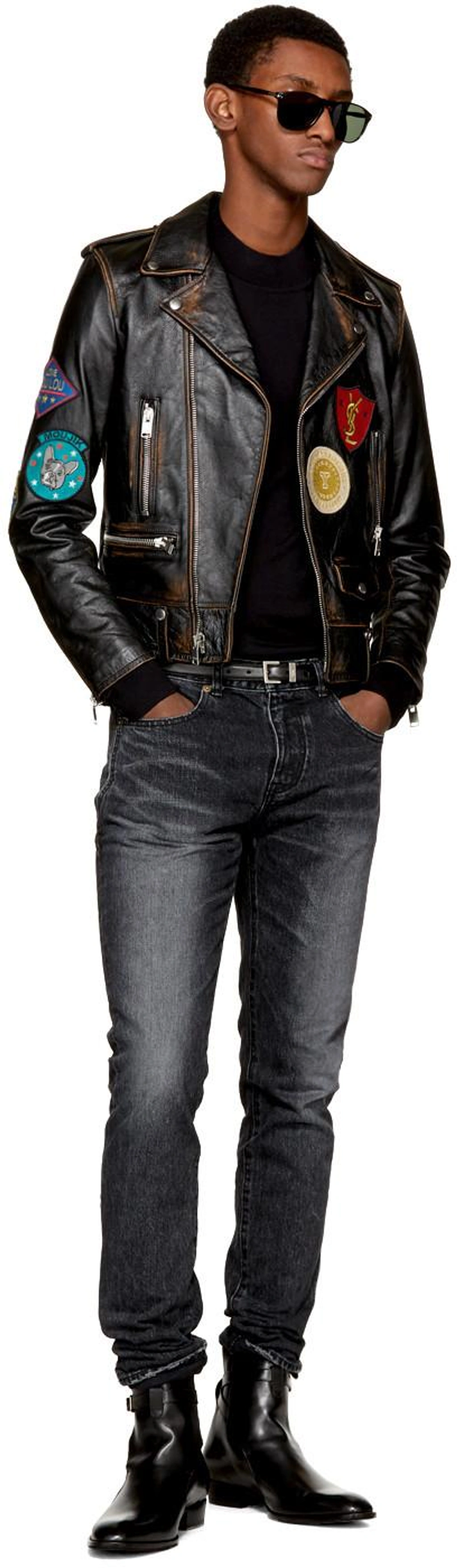 Saint Laurent Black Leather Multi patch Motorcycle Jacket ModeSens