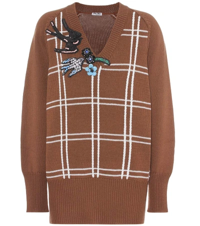 Shop Miu Miu Embellished Wool Sweater In Brown