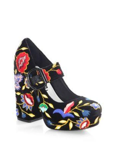 Alice And Olivia Houston Embroidered Velvet Mary Jane Platform Pumps In Black Multi