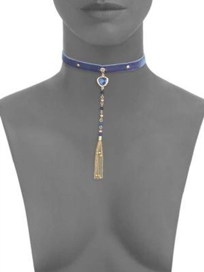 Shop Ettika Lapis Tassel Velvet Choker In Navy-gold