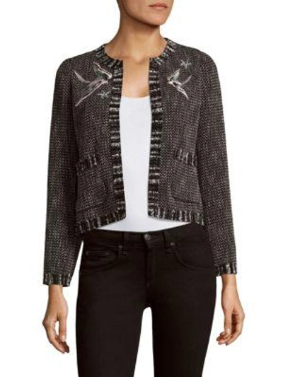 Rebecca Taylor Open-front Tweed Embroidered Jacket In Black Combo