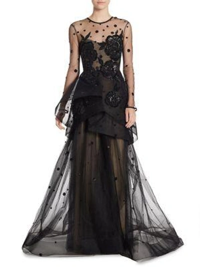 Monique Lhuillier Embroidered Illusion Gown In Black