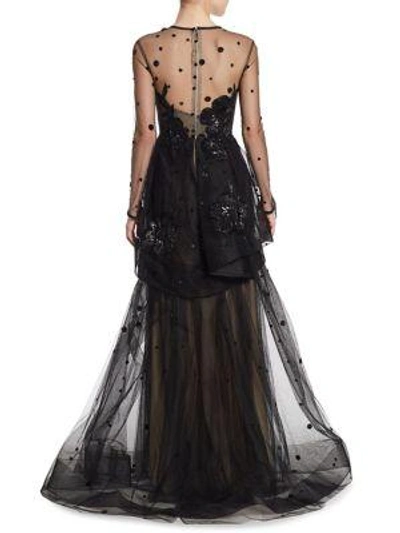 Shop Monique Lhuillier Embroidered Illusion Gown In Black