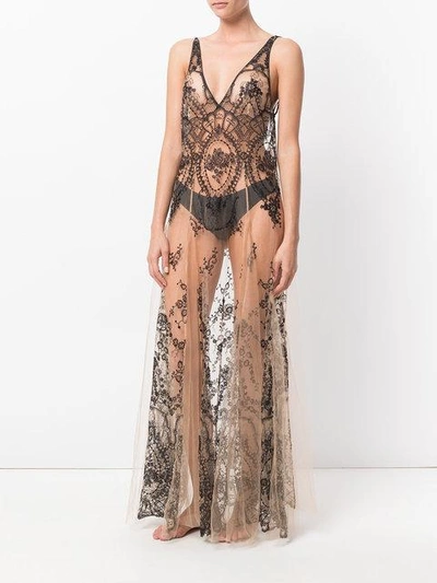 Shop I.d.sarrieri Floral Embroidery Sheer Nightgown In Black / Skin