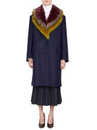 Shop Dries Van Noten Faux Fur Wool Coat In Navy