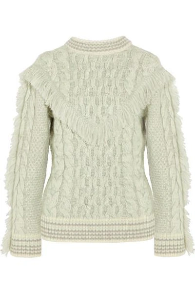 Shop Alanui Fringed Cable-knit Cashmere Sweater In White