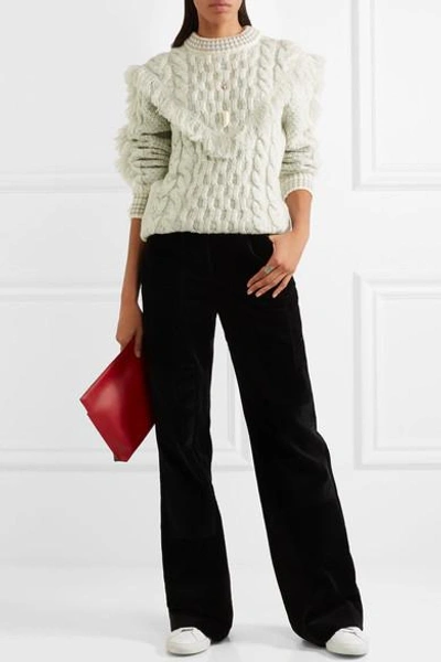 Shop Alanui Fringed Cable-knit Cashmere Sweater In White