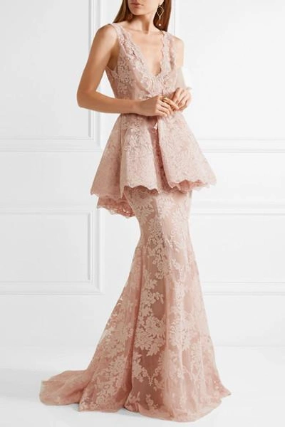 Shop Marchesa Tulle-paneled Guipure Lace Peplum Gown