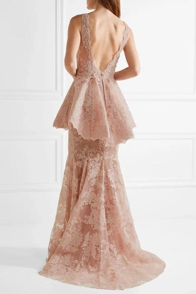 Shop Marchesa Tulle-paneled Guipure Lace Peplum Gown