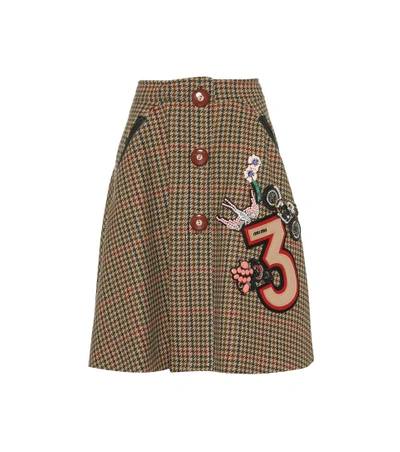 Shop Miu Miu Embellished Wool Skirt In Brown