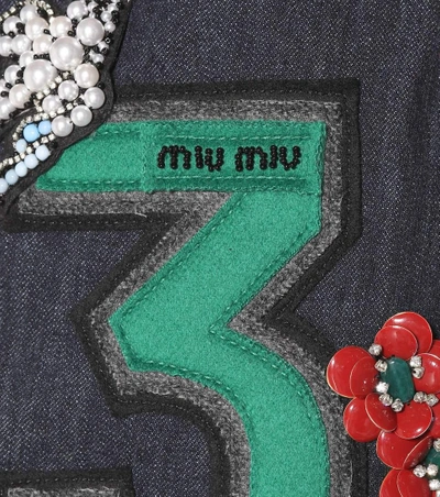 Shop Miu Miu Embellished Denim Mini Skirt In Lleu