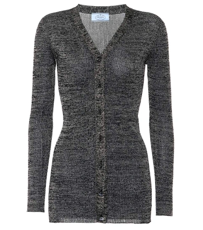 Shop Prada Metallic Rib-knit Cardigan In Black