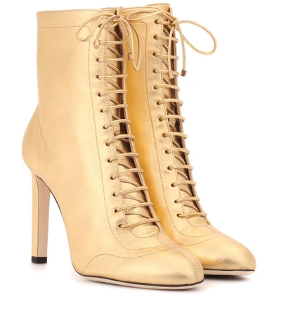 Jimmy Choo Daize 85 Lace-up Metallic Leather Boots In Roman Gold